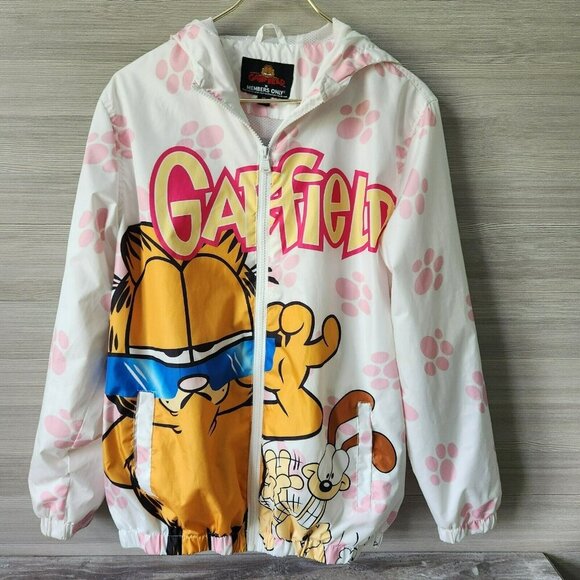 Members Only Jackets & Blazers - Members Only Garfield & Odie Paw Print Graphic Windbreaker Jacket Cartoon M